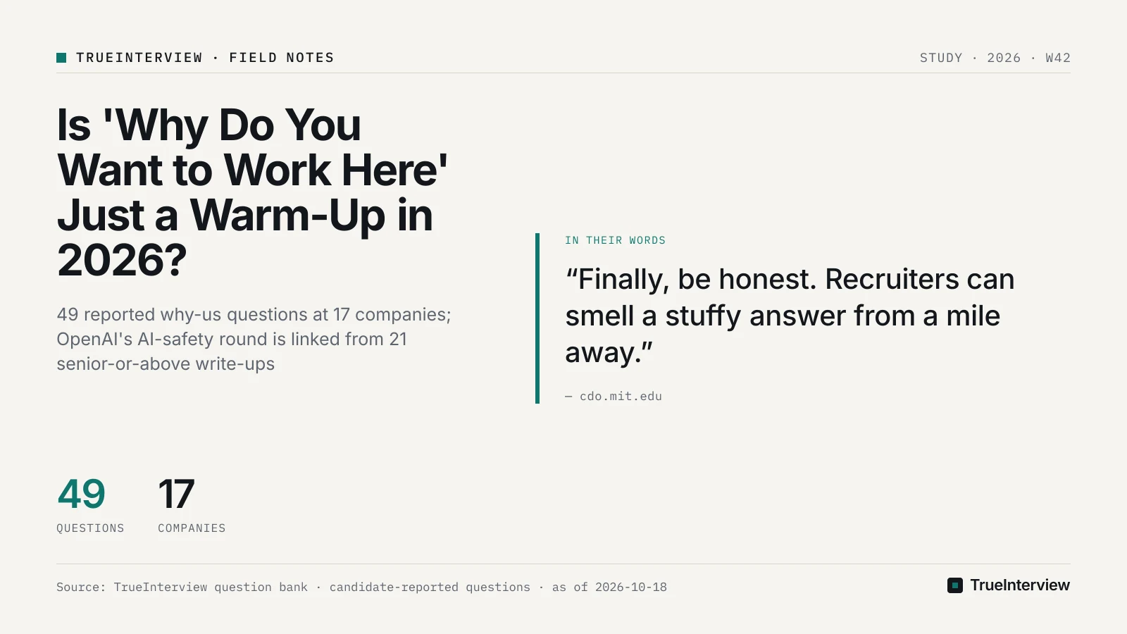 Quote: "Finally, be honest. Recruiters can smell a stuffy answer from a mile away." (cdo.mit.edu). Source: TrueInterview question bank · candidate-reported questions · as of 2026-10-18